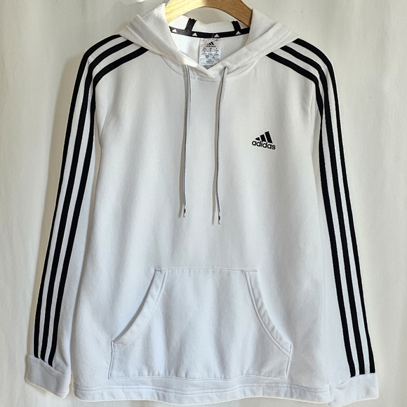 🇩🇪 Adidas Essentials White & Black Long Sleeve 3-Stripes Fleece Hoodie - Picture 2 of 14